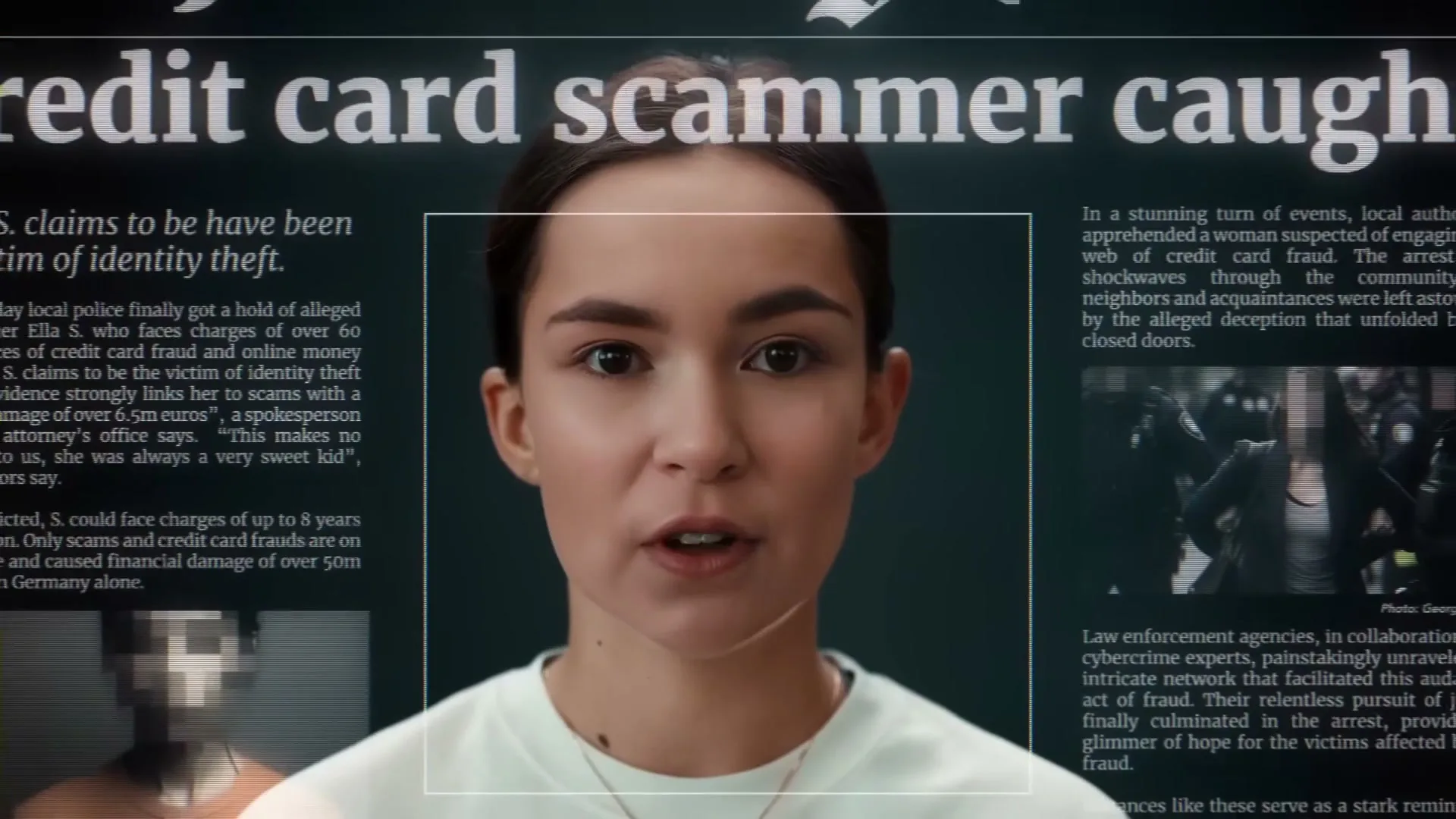 A young woman with dark hair and a white t-shirt speaks directly to the camera, with a newspaper headline about a "credit card scammer" in the background.