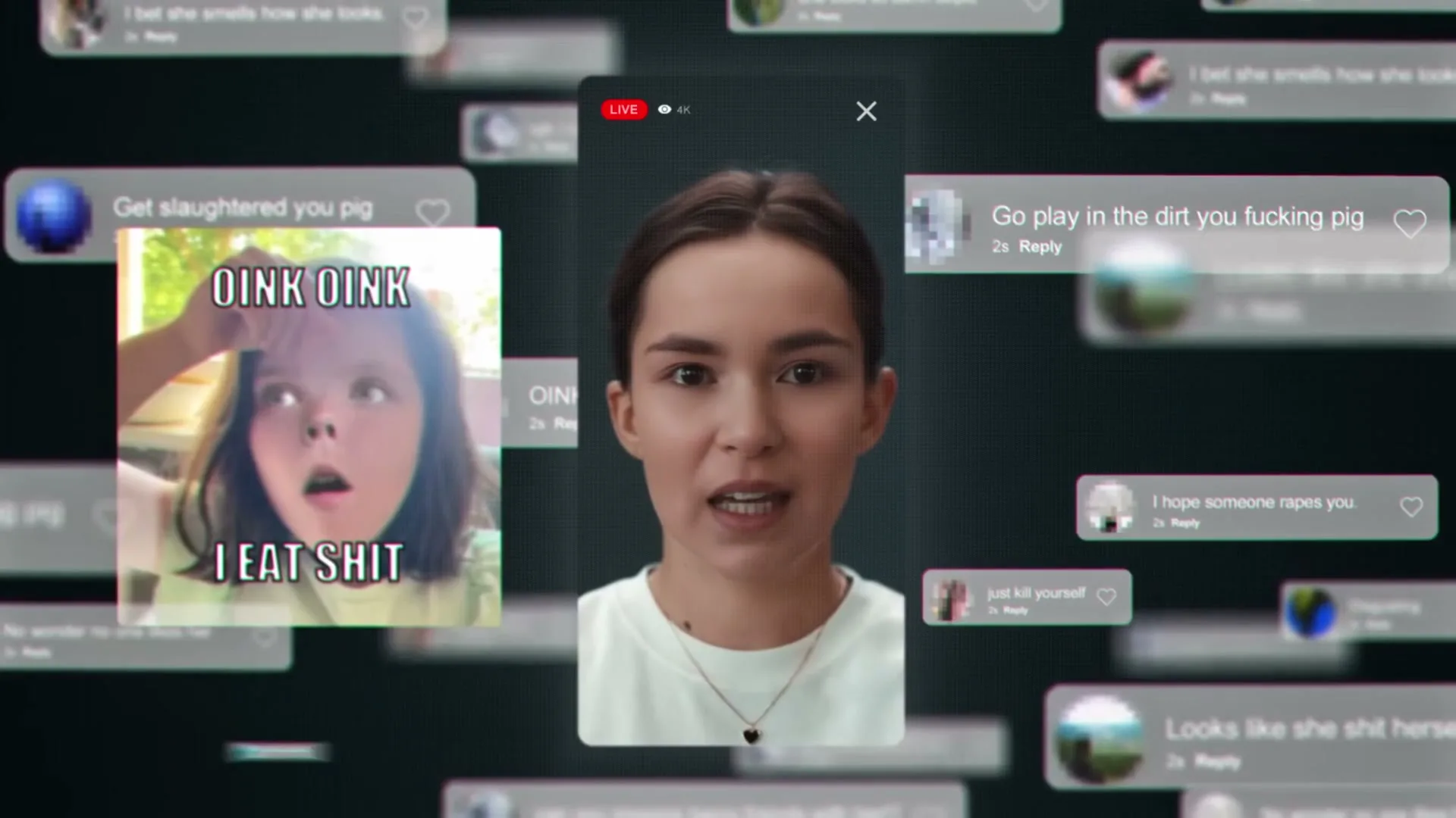 A young woman with dark hair and a white t-shirt speaks in a video call, surrounded by floating, negative social media comments and a meme.