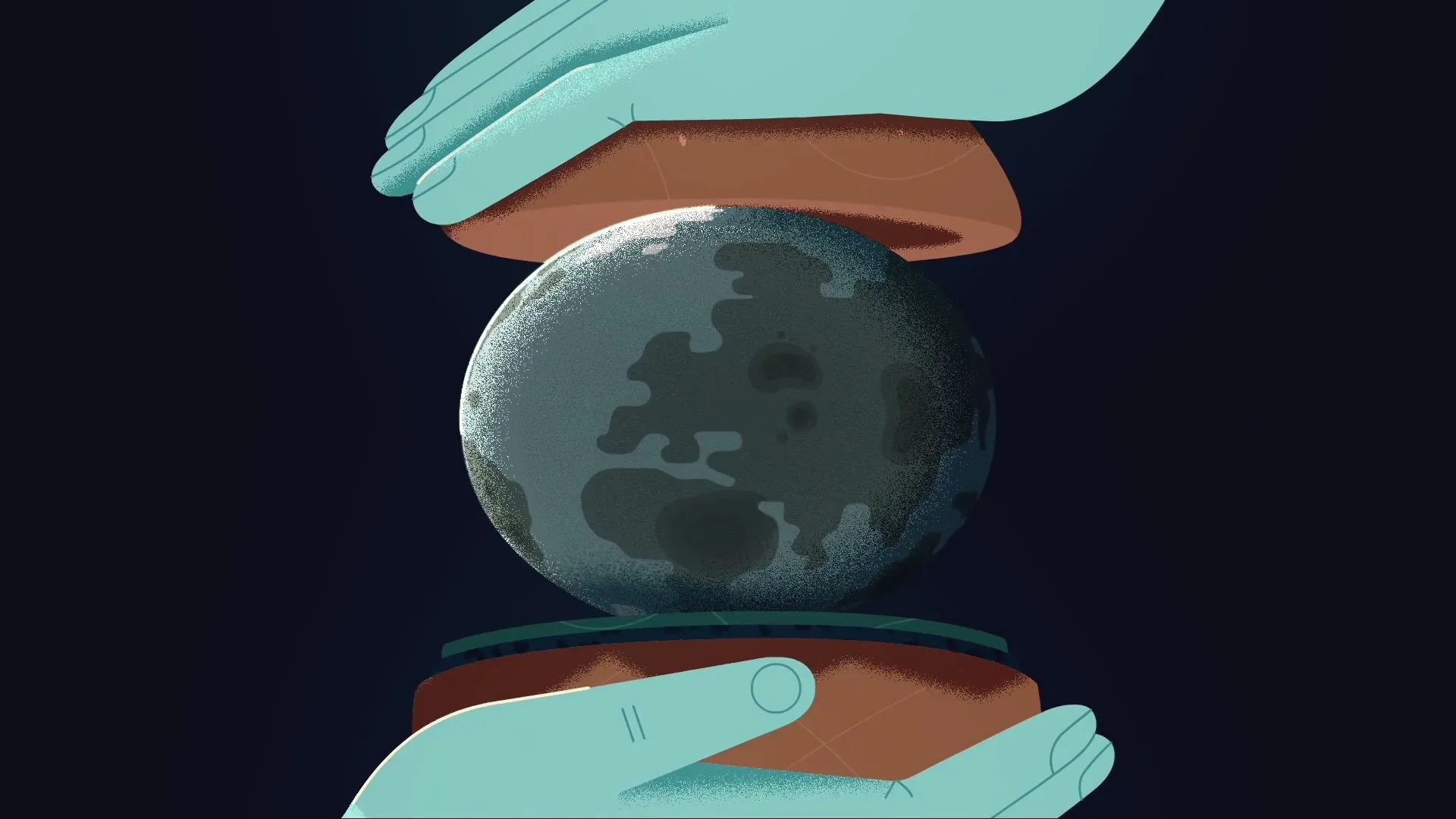Two animated hands hold a stylized globe that transforms into a burger, against a dark background.