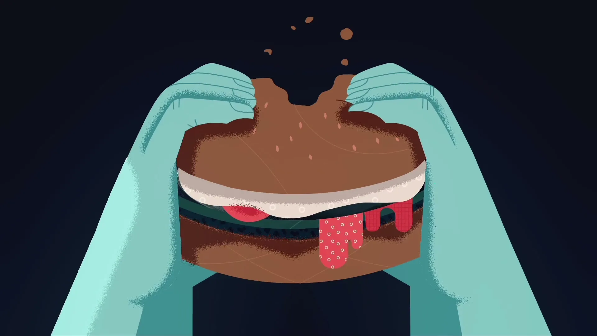 Two stylized blue hands hold a burger, then take a bite, causing sauce to drip down against a dark background.