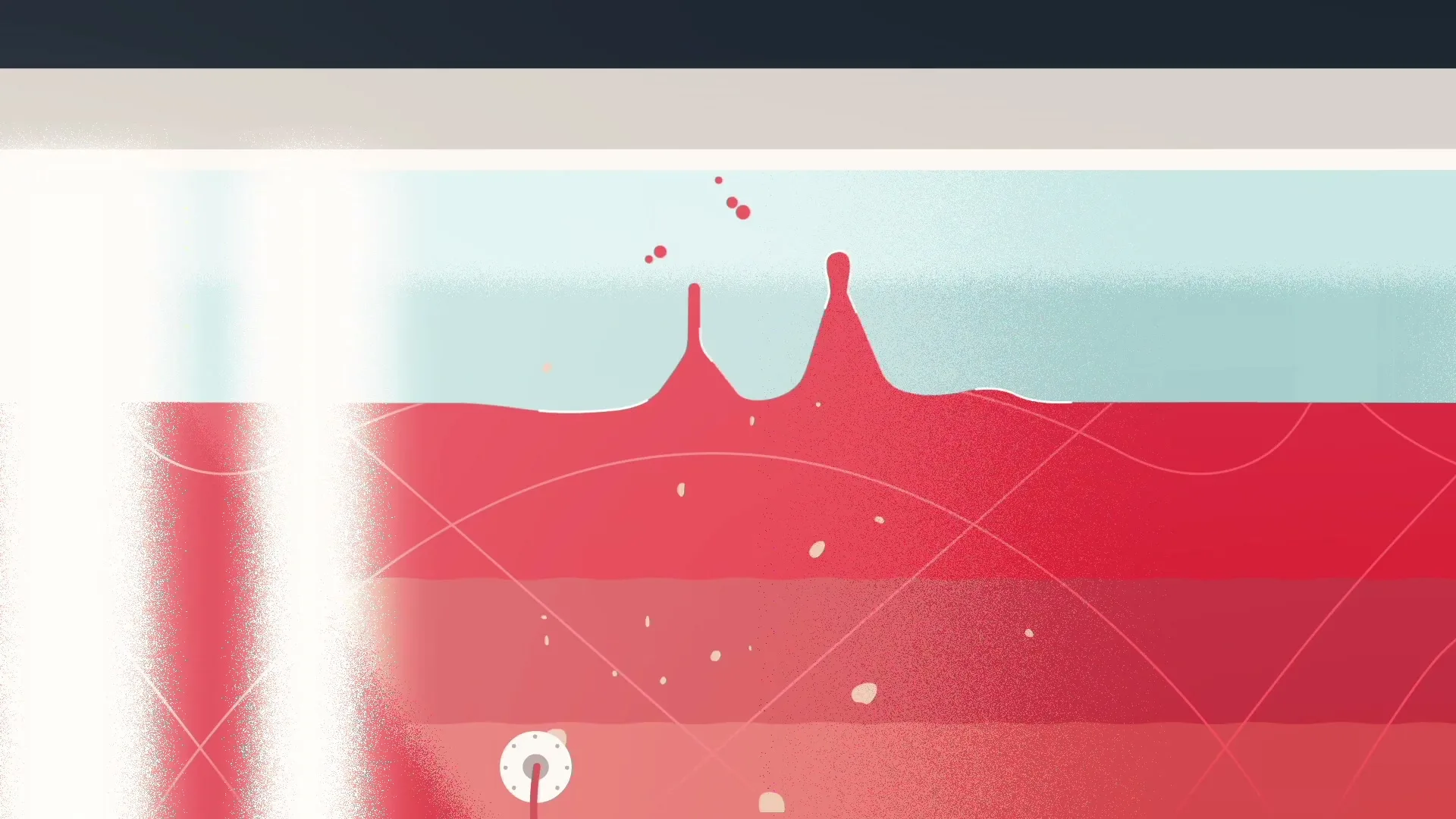 A red liquid splashes in a tank, with white particles on the left and a light blue background, in a stylized animation.