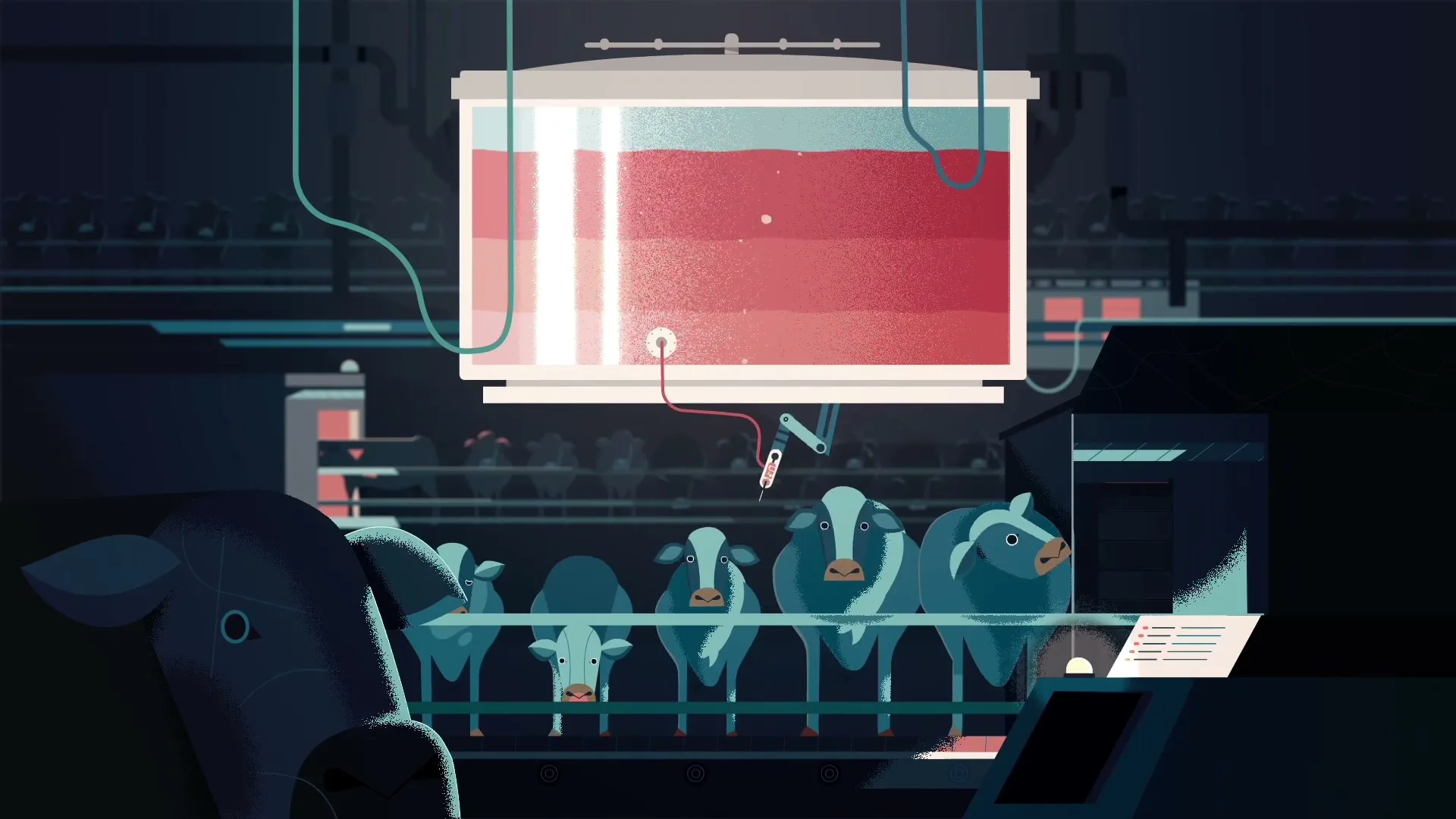 A wide shot shows a row of cows in a dark, industrial setting, with a large tank of red liquid above them, being extracted by a robotic arm.