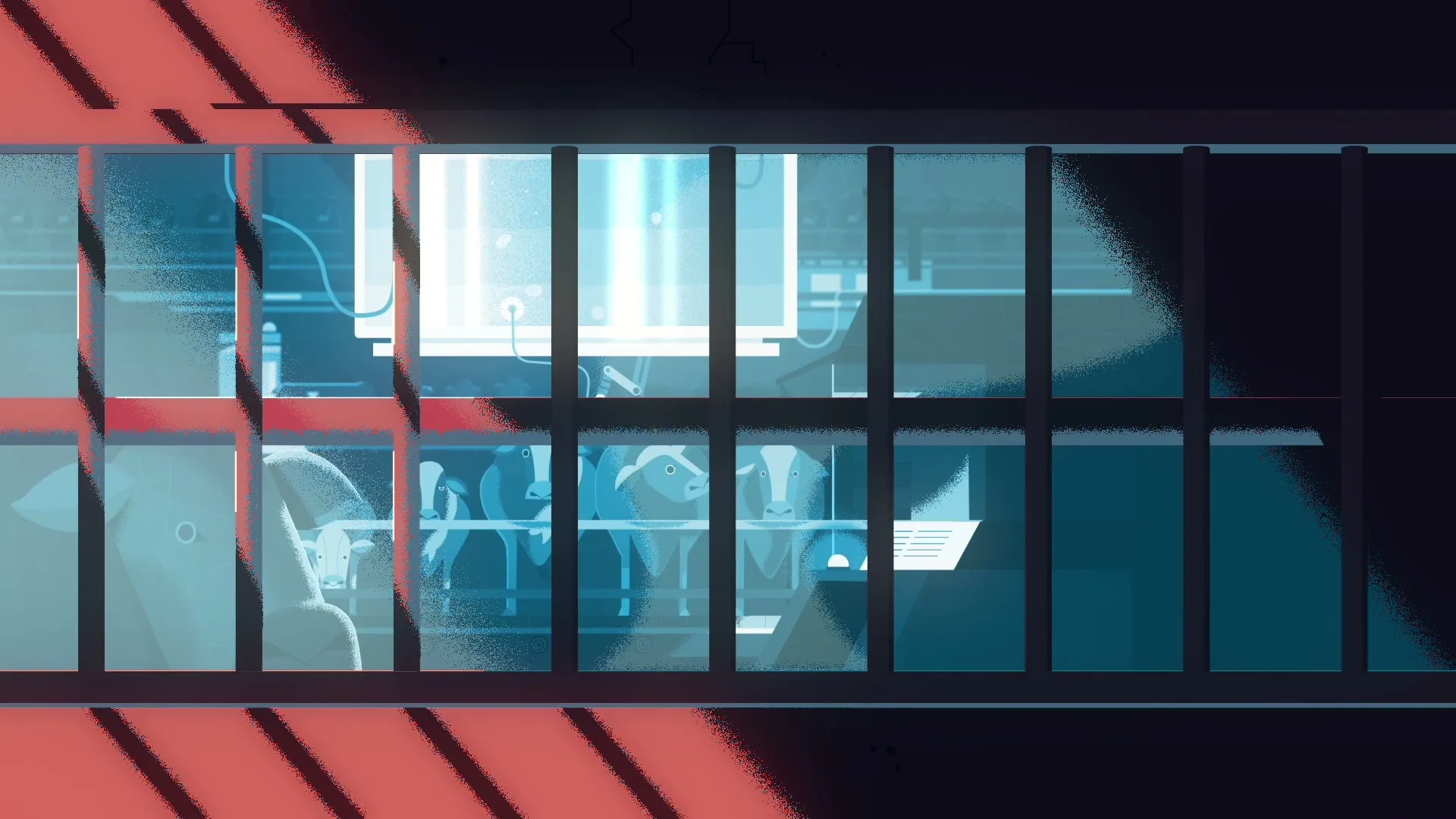 A wide shot through a window shows cows in a sterile, blue-lit factory farm, with red light stripes on the window frame.