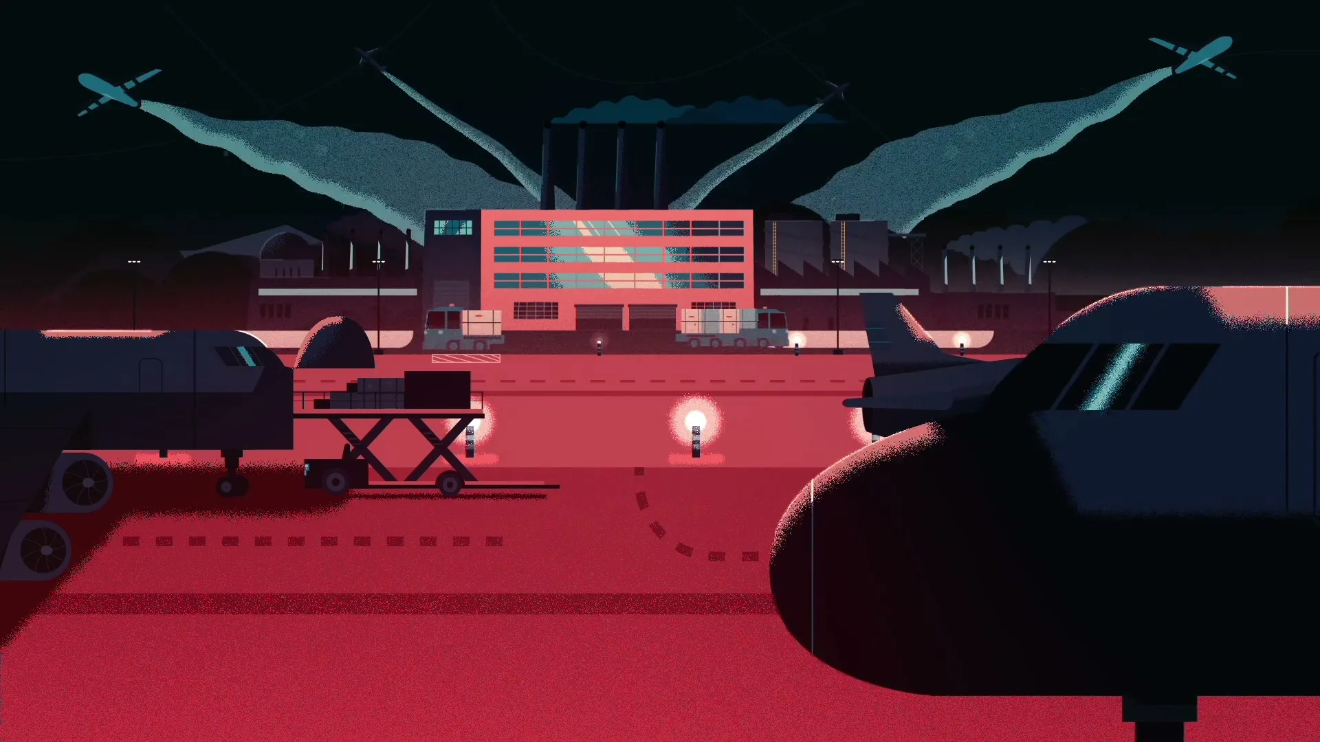 An animated airport scene at night shows planes on the tarmac, with a terminal building and industrial structures in the background, emitting smoke.