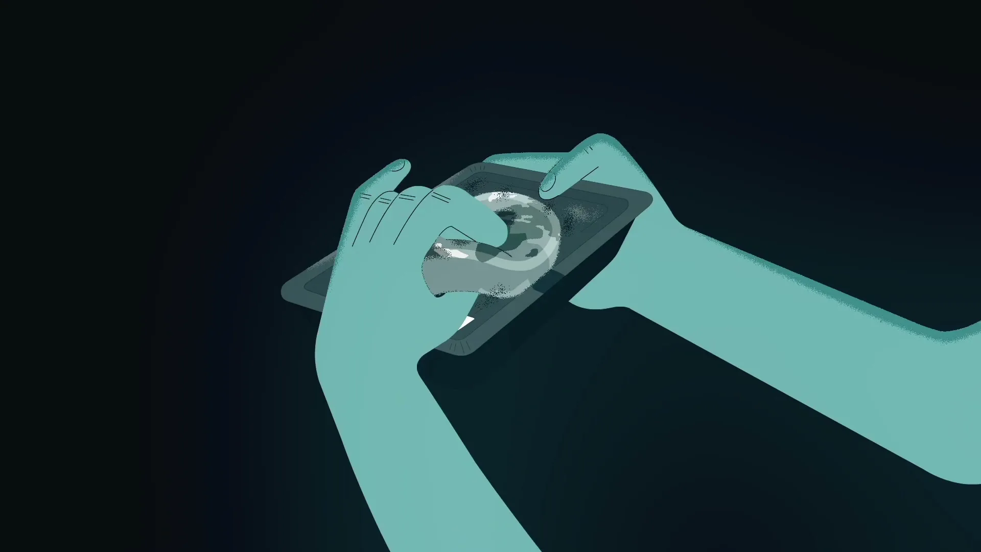 Stylized animated hands hold a plastic-wrapped earth with a barcode, then peel back the plastic to reveal a healthy earth.