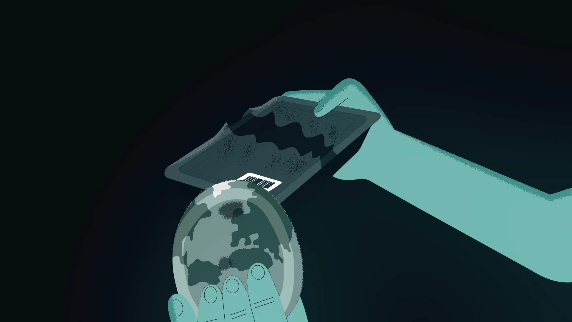 Two animated teal hands hold a small globe and a smartphone with a barcode, then the globe disappears, on a dark background.