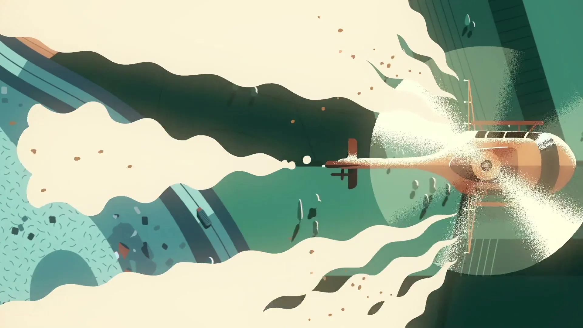 An animated helicopter flies over a polluted ocean, spraying a white substance that cleans the water, in a stylized, top-down view.