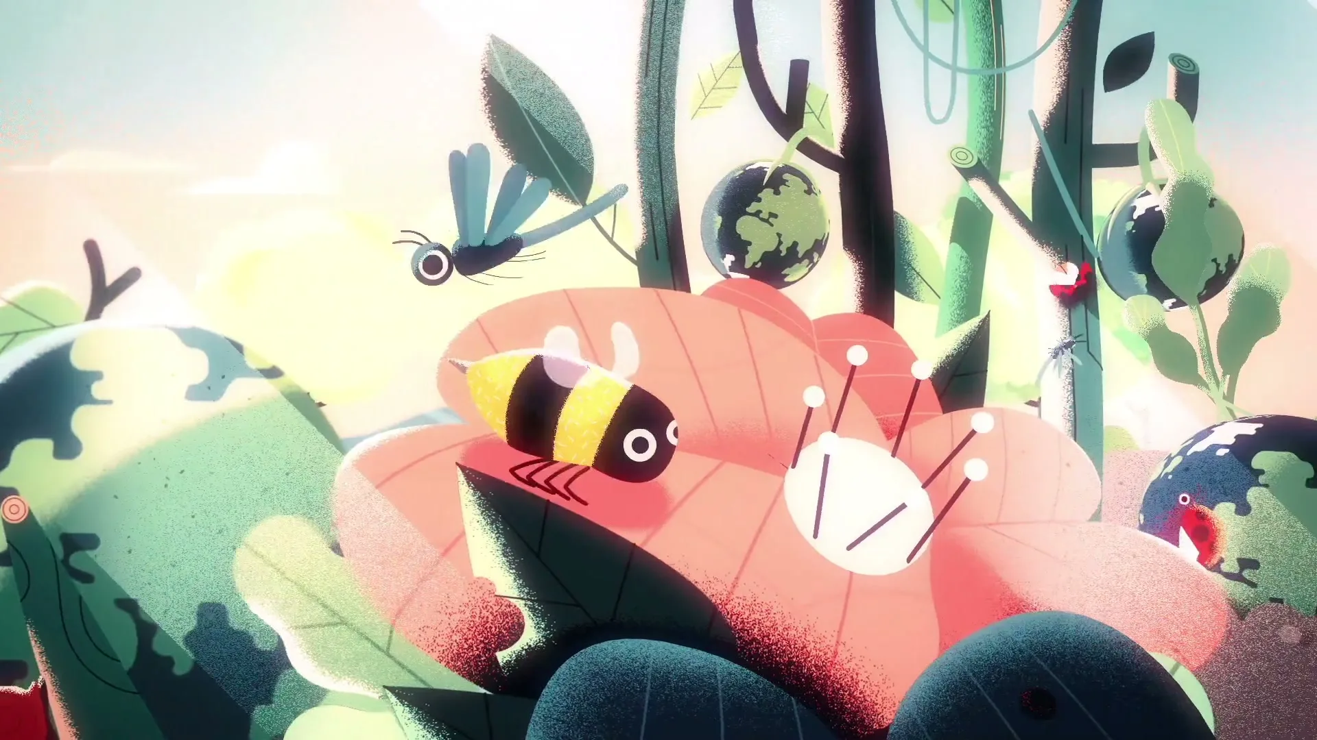 An animated fisherman holds a tiny boat, then the scene transitions to a vibrant garden with animated insects and plants, concluding with a truck carrying a box of produce.