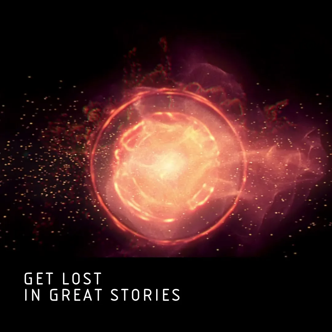 A glowing orange and red orb with particles emanating from it is centered on a black background with white text at the bottom.