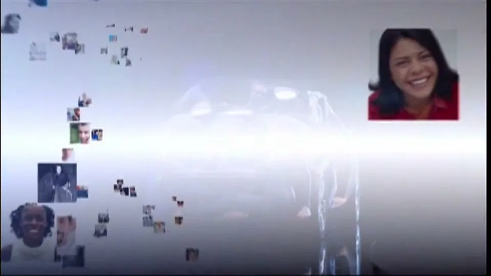 A car made of people fades into a bright light, as many small photos of diverse people float and fill the screen.