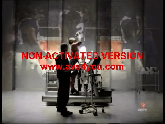 A male athlete in shorts runs on a treadmill while a male scientist in a suit observes him in a futuristic lab.