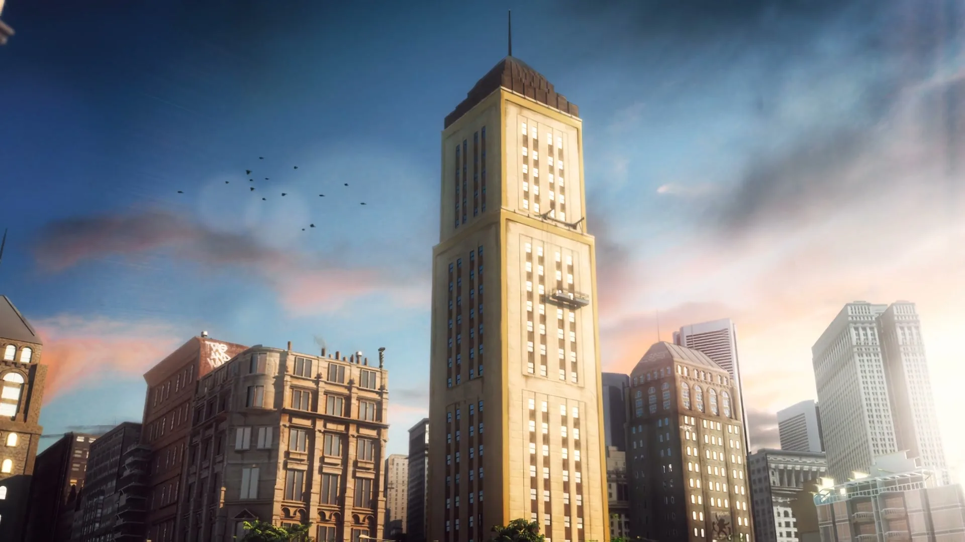 A wide shot of a city skyline with a prominent skyscraper, as a window washer's platform descends, then dissolves into an office interior.