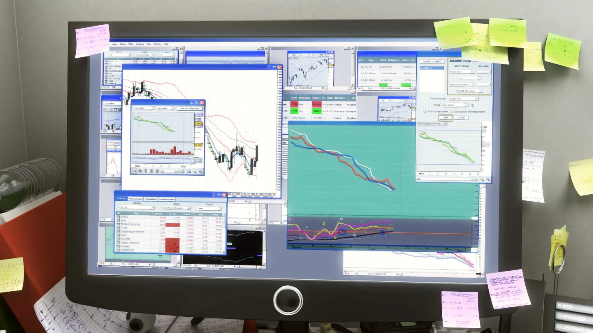 A computer monitor displays multiple stock market charts and data, surrounded by numerous sticky notes, indicating a busy work environment.