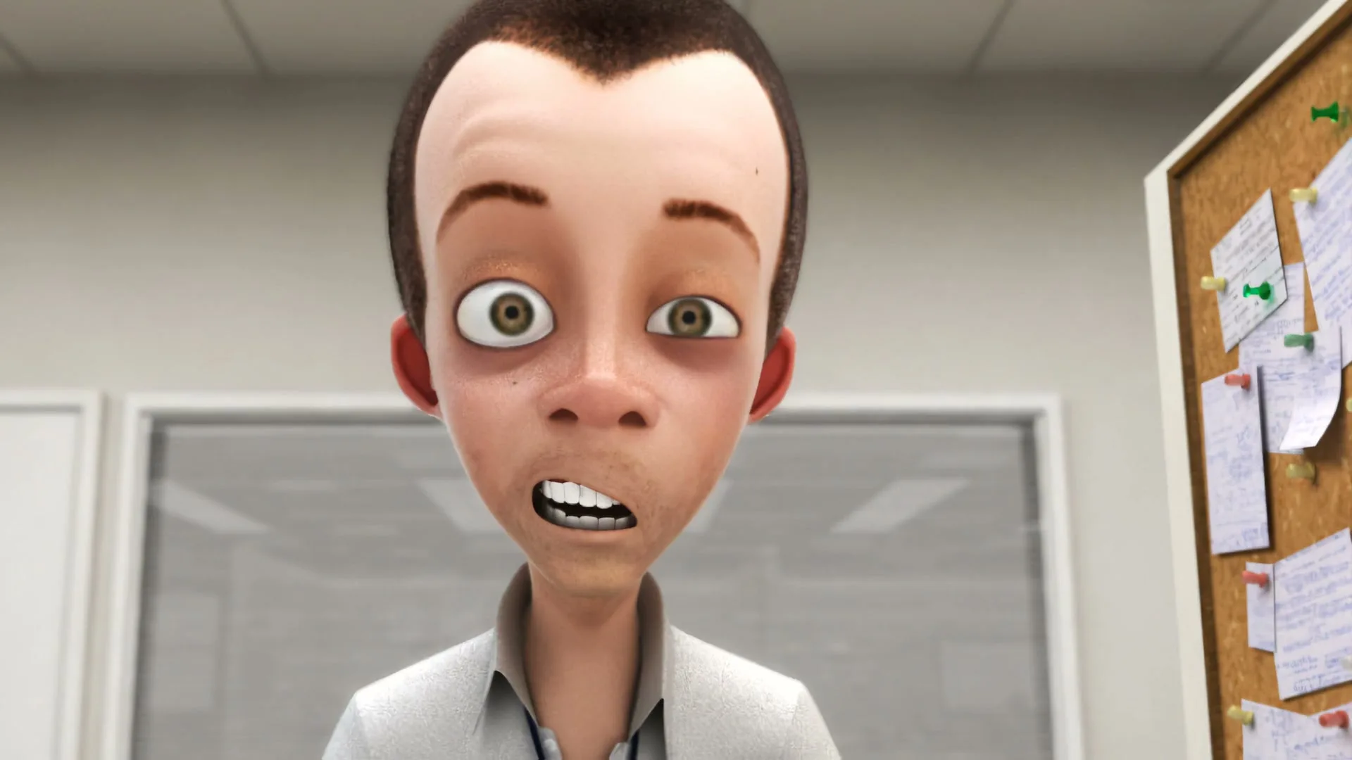 A tired-looking animated man with dark circles under his eyes stares blankly, mouth slightly open, in an office setting.