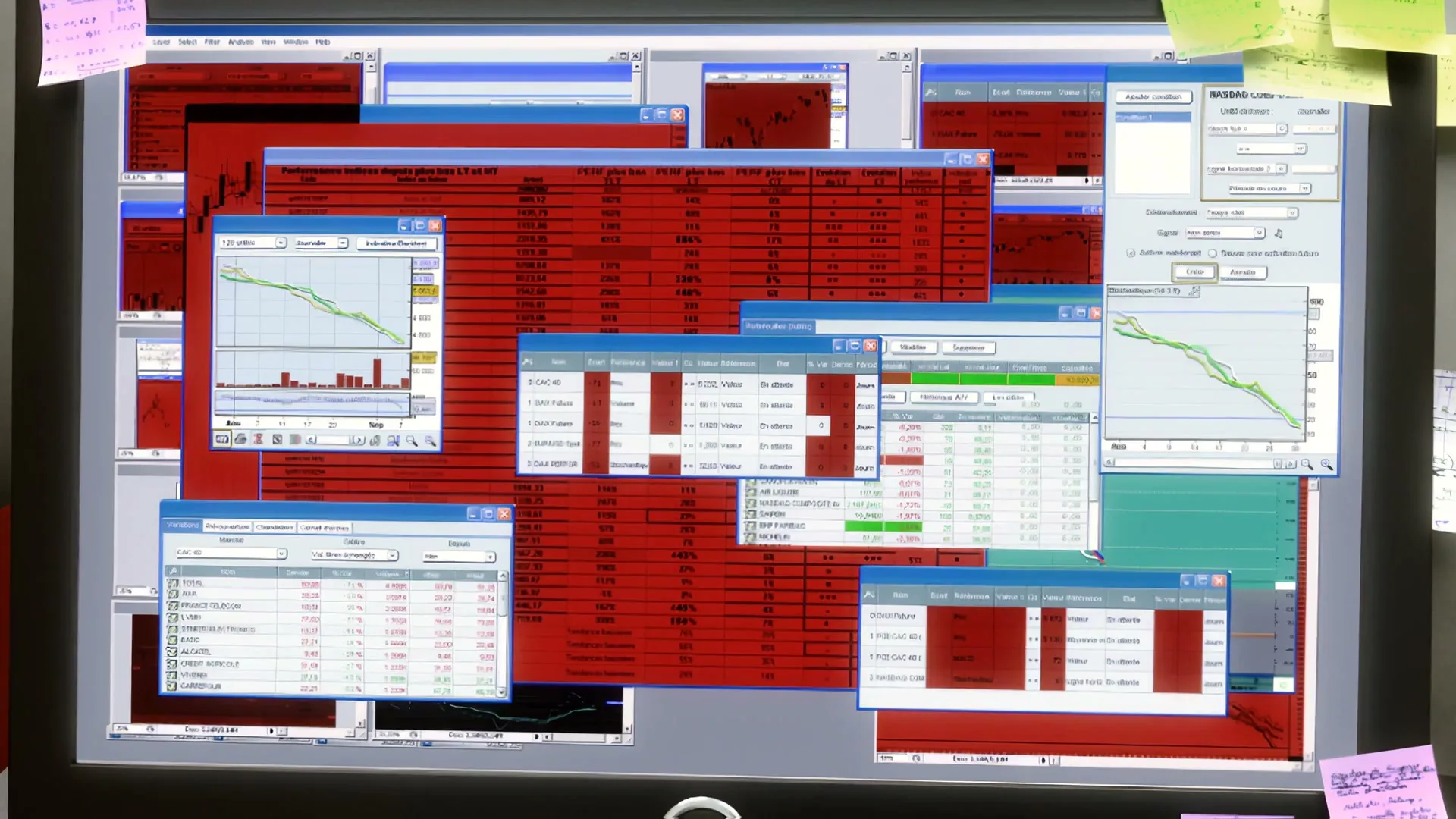 A computer monitor displays multiple red-colored stock market charts and data windows, indicating a market crash.