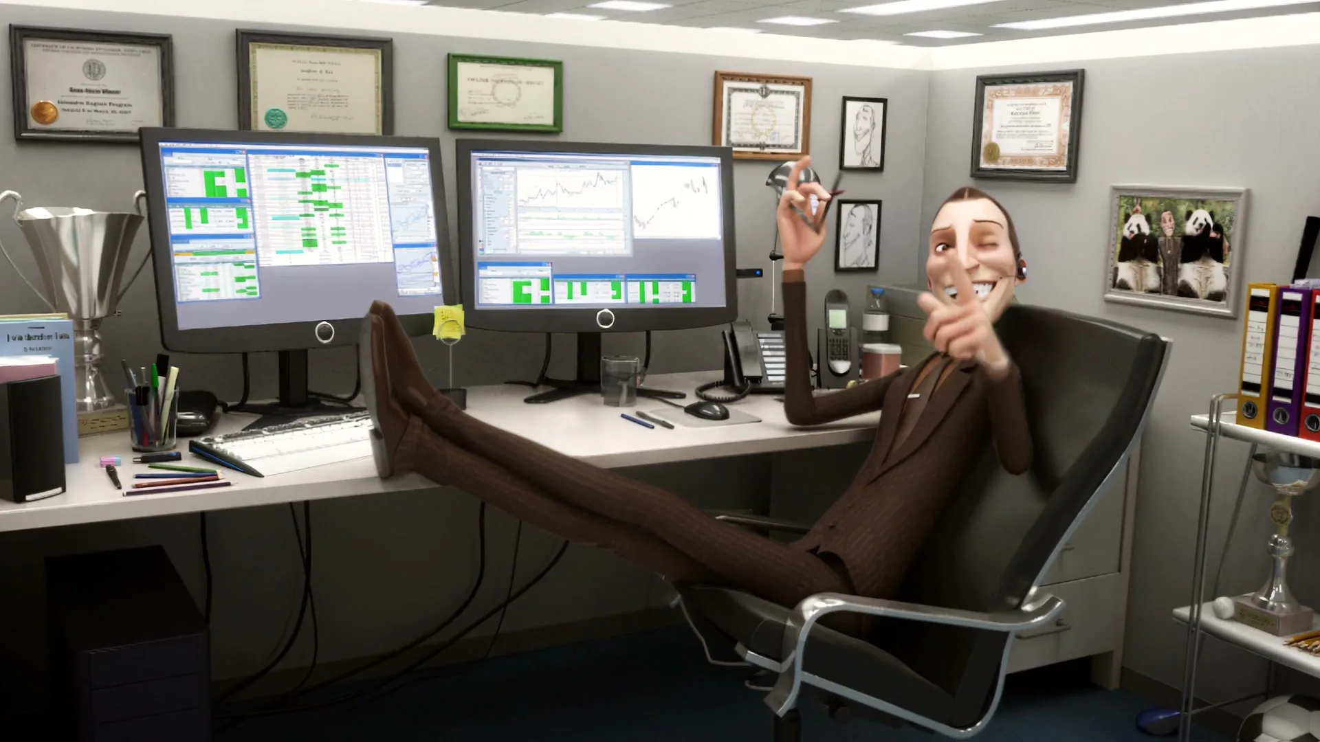 A male animated character in a brown suit sits in an office chair with his feet on the desk, smiling and gesturing at the camera.