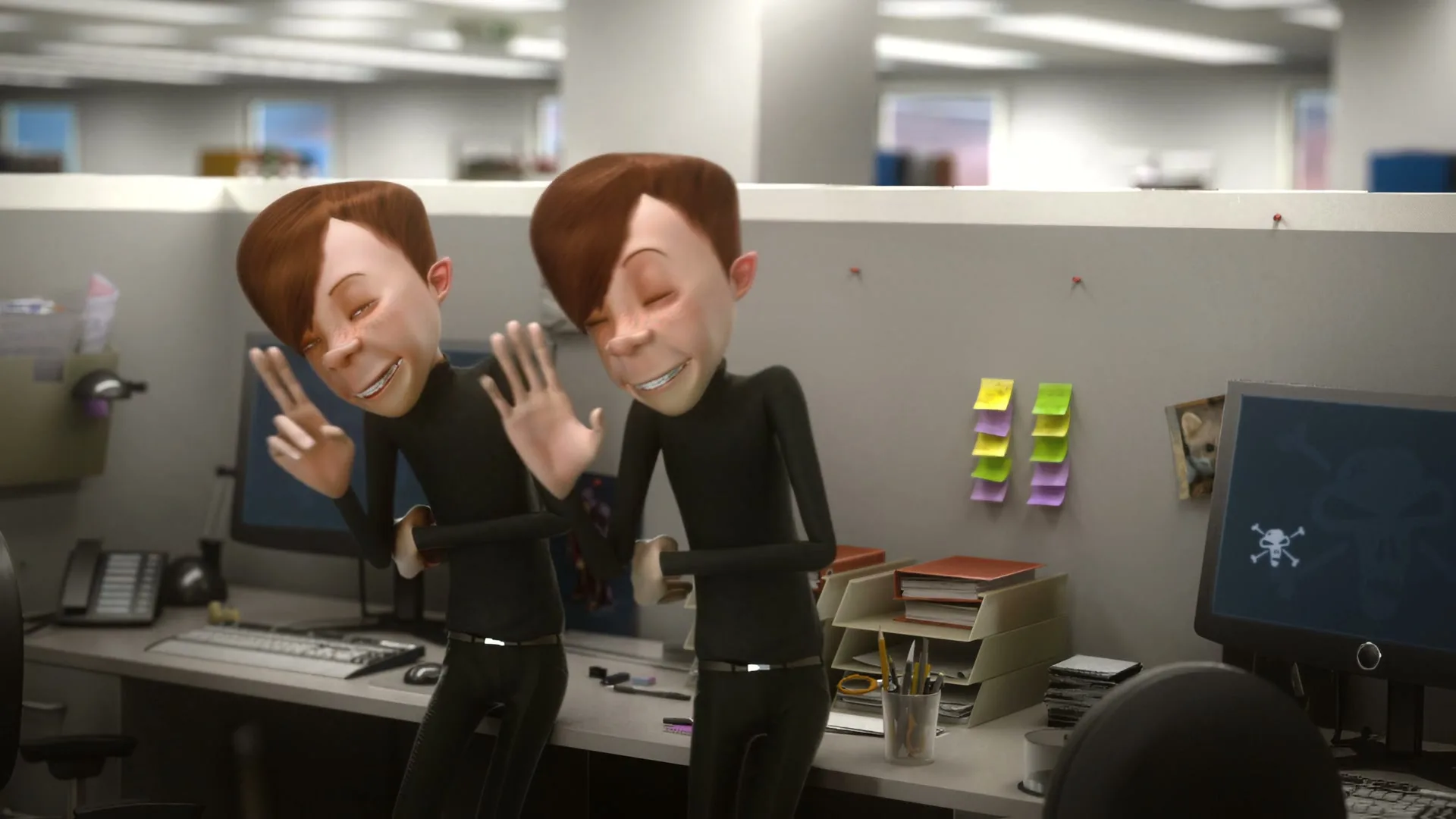 Two identical animated male characters with brown hair and black outfits dance in an office cubicle, moving their arms and smiling.