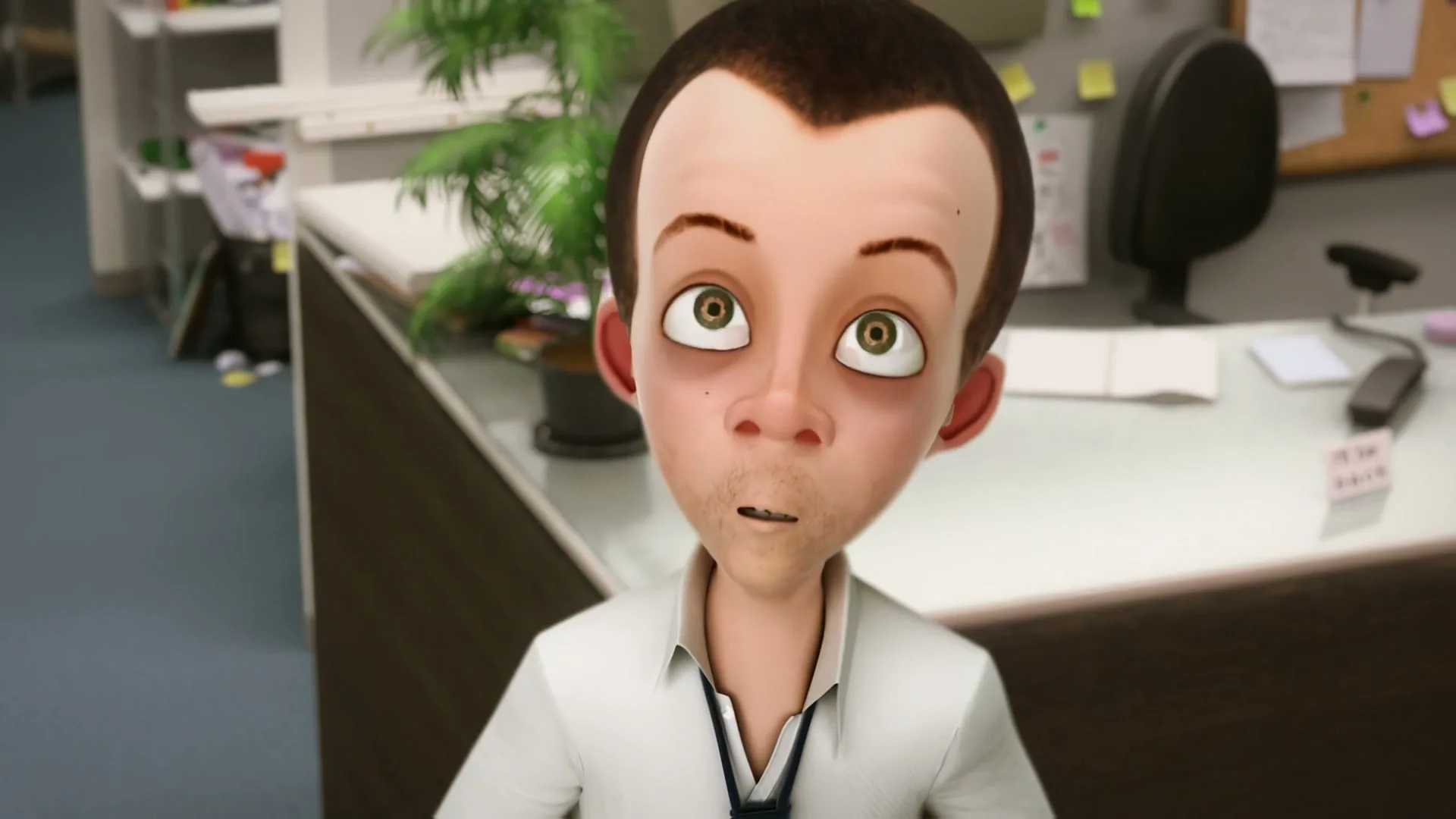 A tired, animated male office worker with dark circles under his eyes looks up in an office cubicle.