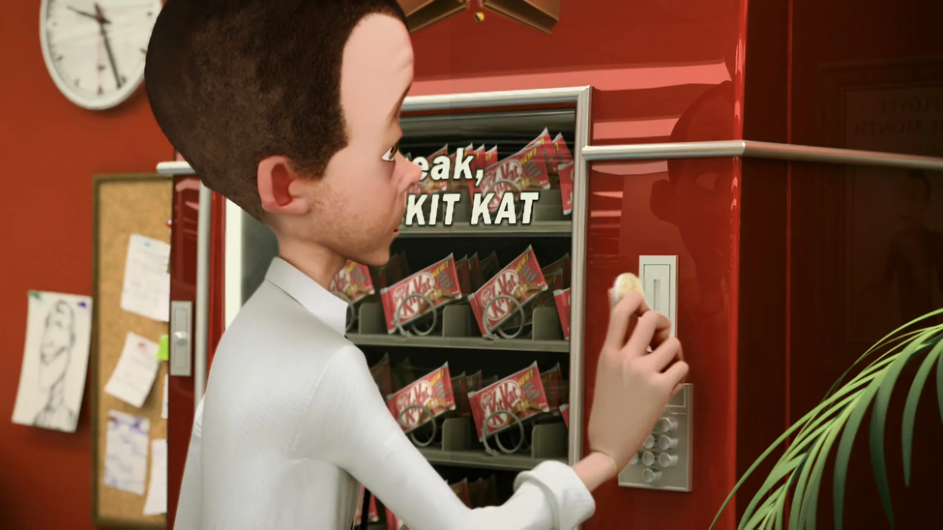 A male animated character with a large head and short brown hair inserts a coin into a red vending machine filled with Kit Kat bars in an office.