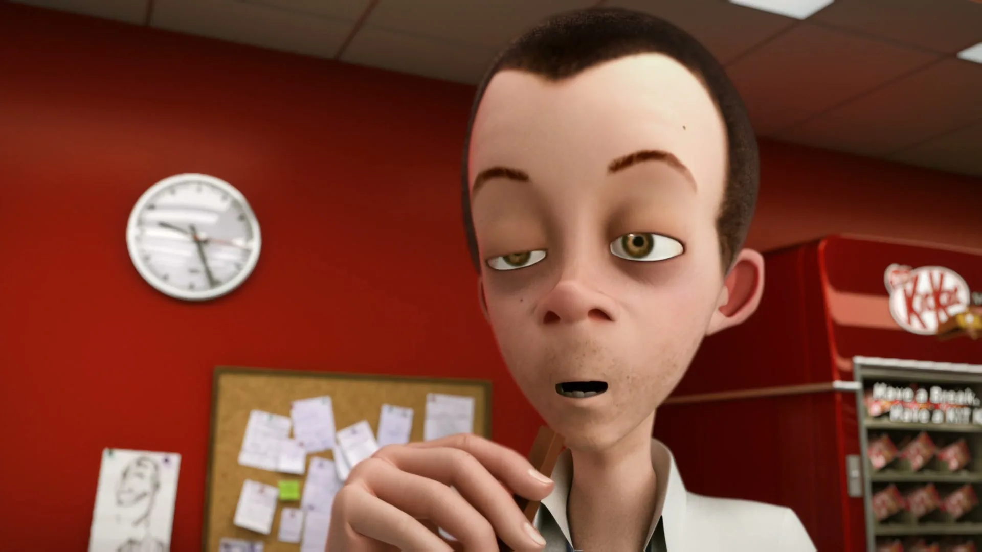 A tired, animated male office worker with dark circles under his eyes, wearing a white shirt, takes a bite of a Kit Kat bar in an office breakroom.