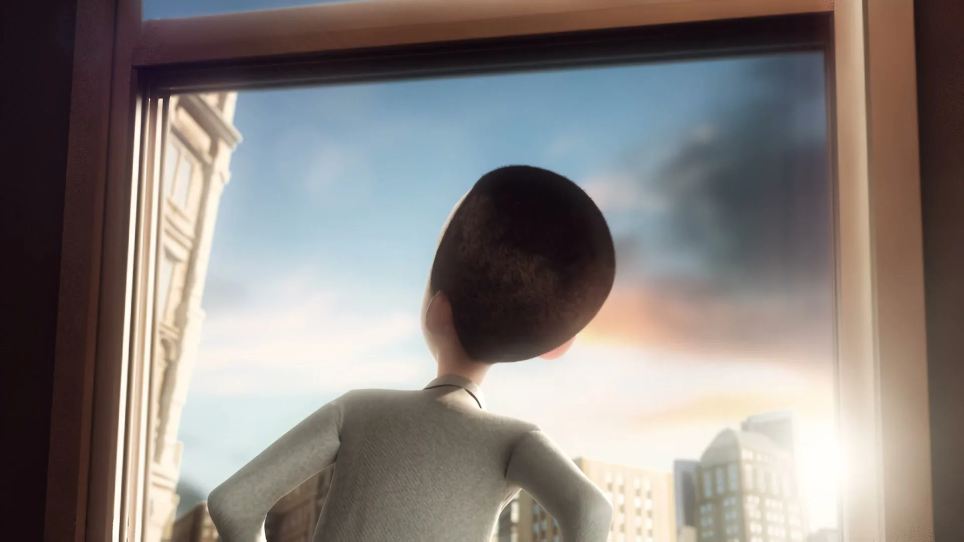 A stylized animated man with a large head looks out a window at a city skyline during golden hour, then turns his head to look over his shoulder.