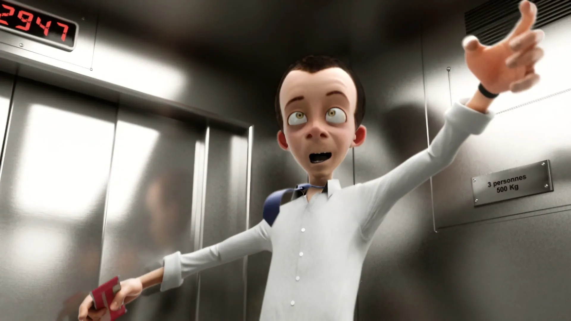 A stylized CG man in a white shirt and blue tie is seen in an elevator, looking up with a wide, excited expression as he floats upwards.