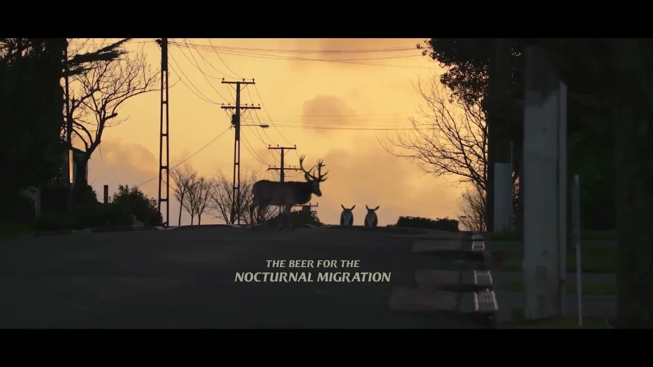 A large deer and two smaller deer-like animals stand silhouetted on a suburban street at dusk, with power lines and bare trees against an orange sky.