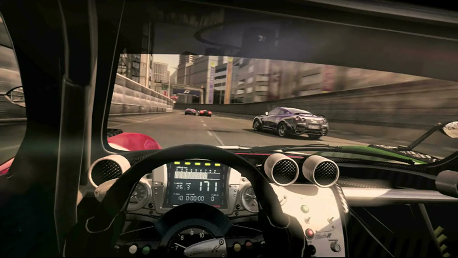 A first-person POV shot from inside a race car, showing the dashboard and other cars speeding on a city track.