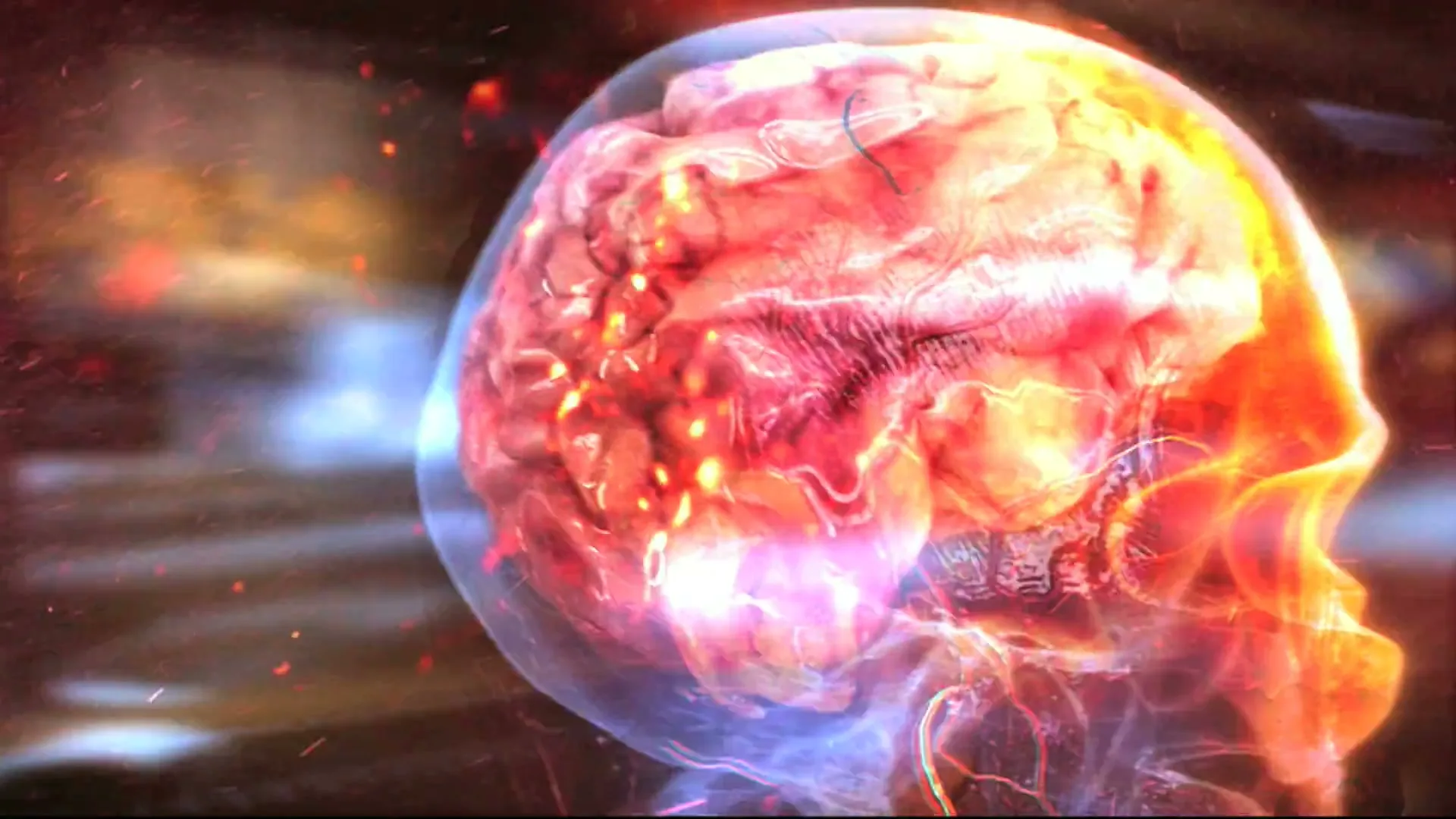 A glowing, translucent human head with a visible brain is shown in profile, pulsating with red and orange light against a dark, abstract background.