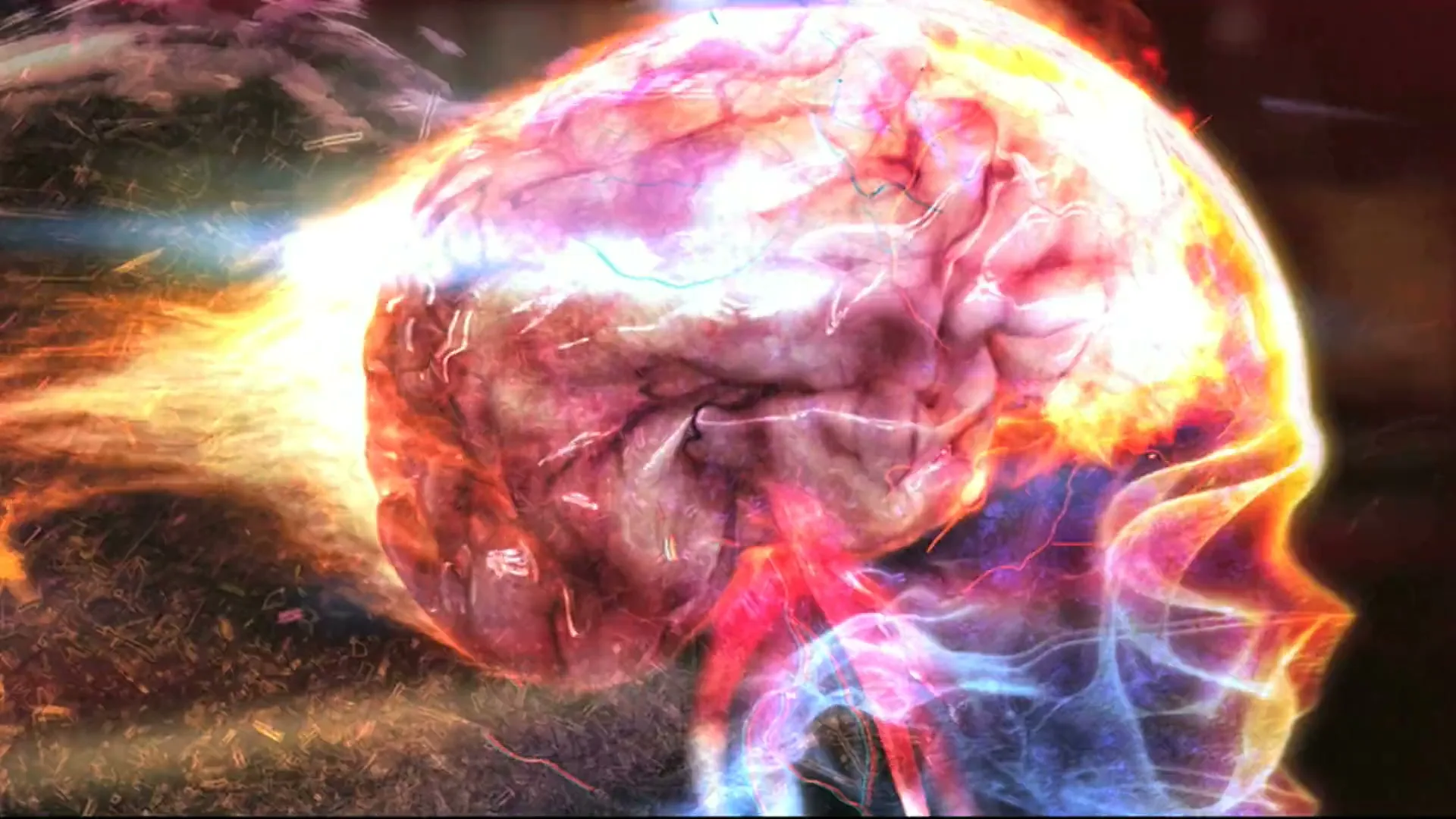 A CG human head in profile, glowing with bright, colorful light and energy, is shown against a dark background.