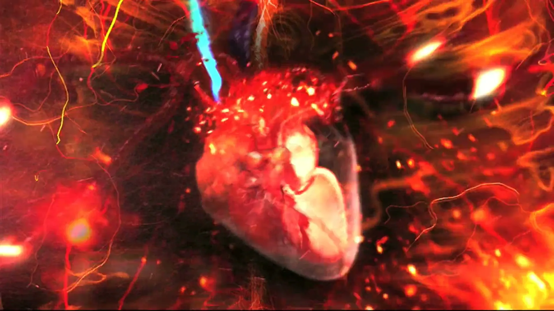 A CG human heart beats rapidly, surrounded by fiery red and orange energy, then explodes into a bright red flash.