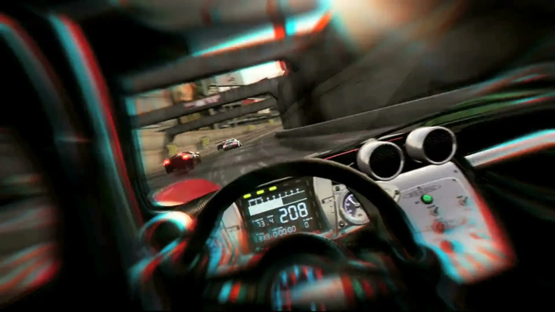 A first-person POV shot from inside a race car, showing the steering wheel and dashboard, as other cars race on a track under a bright sun.