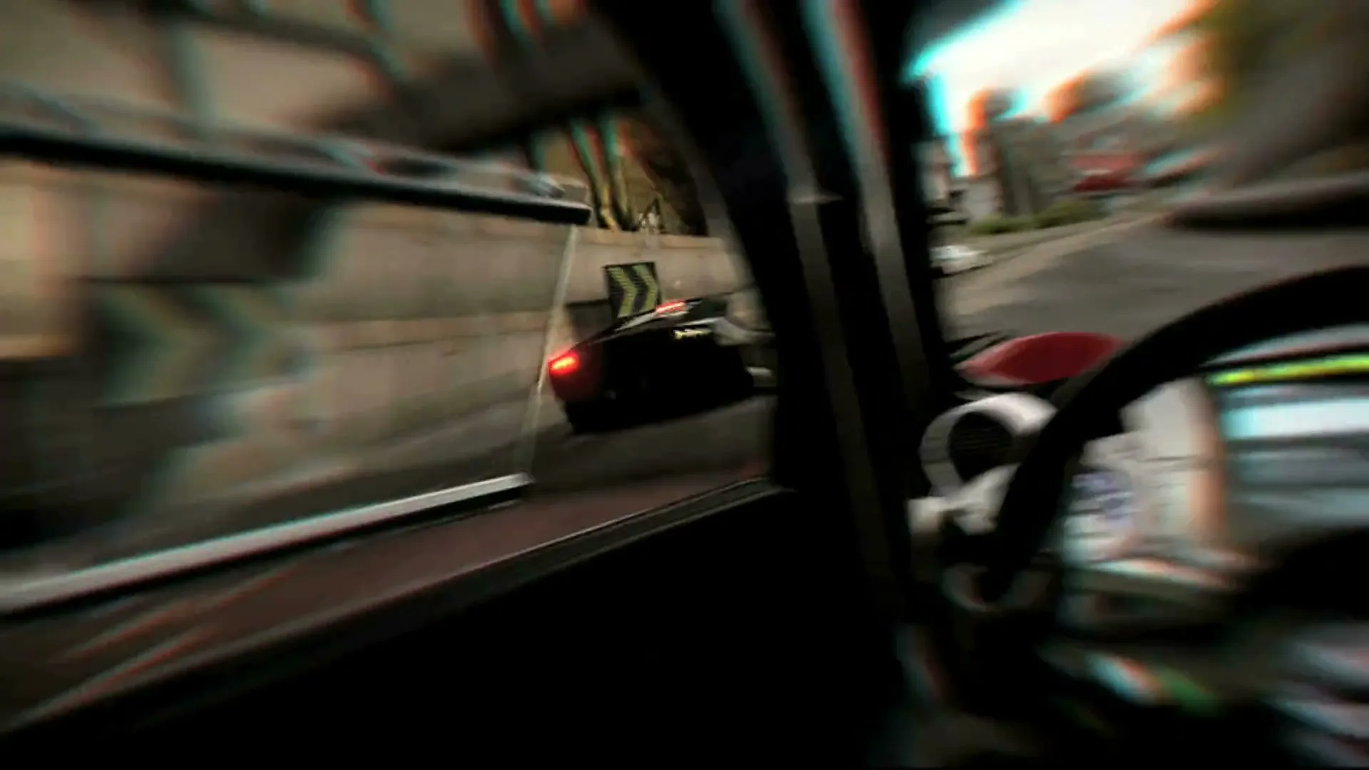 A POV shot from inside a race car shows the dashboard and steering wheel as another car speeds past on a city street.
