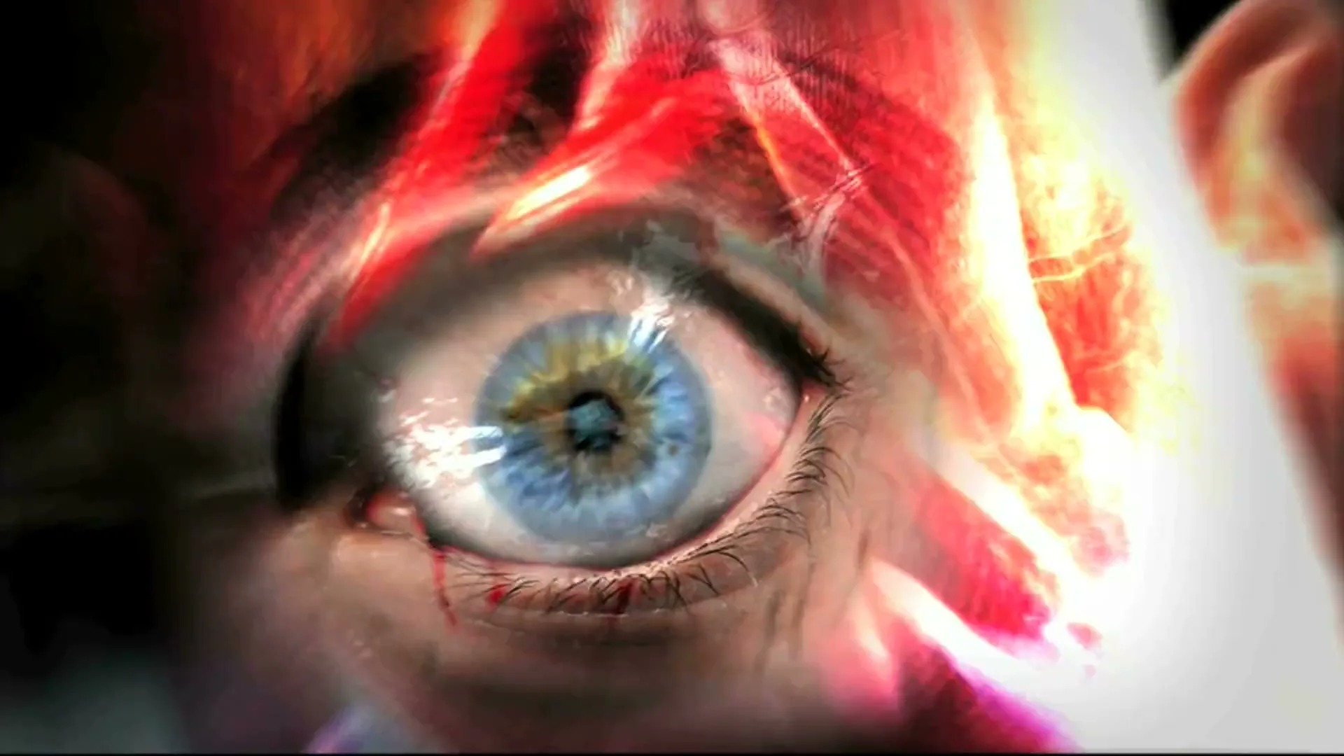 A CGI extreme closeup of a blue eye with red veins and scratches, looking intensely forward, with a bright light reflecting in the pupil.