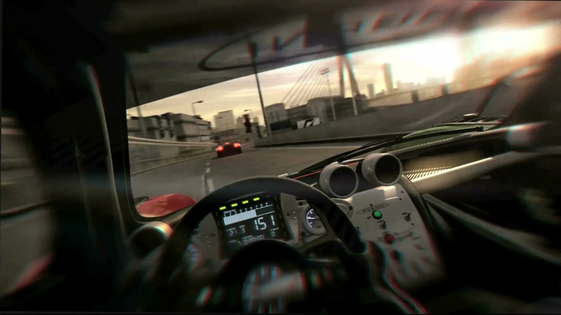 A first-person view from inside a race car shows the dashboard and a red car ahead on a city highway at sunset.