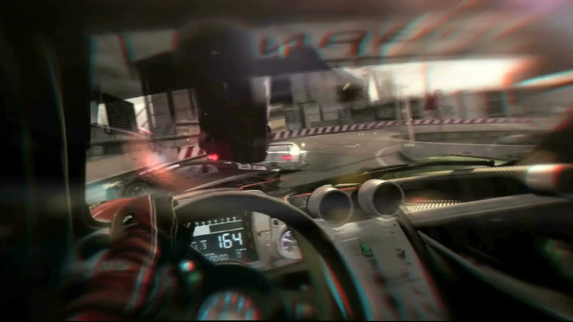 A first-person view from inside a race car shows other cars crashing and exploding on a track during a race.
