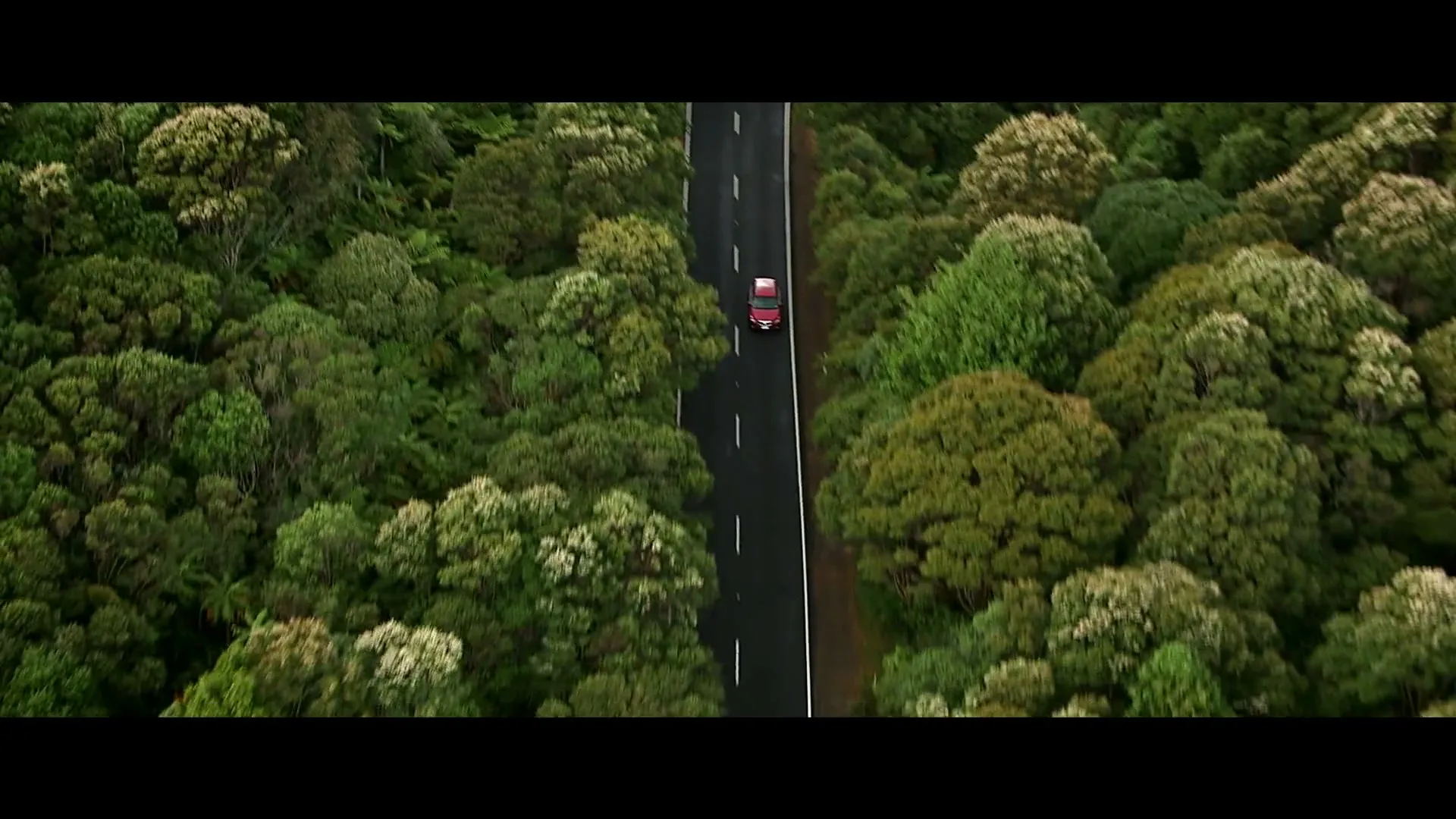 An aerial shot shows a red car driving on a winding road through a dense, lush green forest under a cloudy sky.