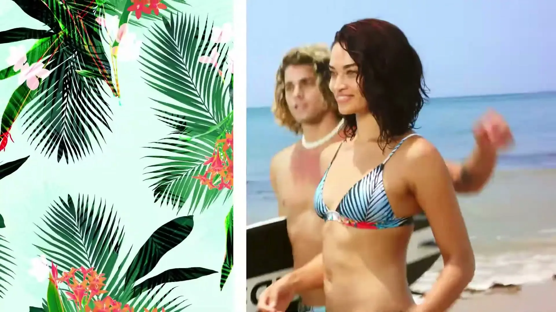 A young woman in a bikini and a young man with a surfboard walk along a tropical beach, with a split screen showing a floral pattern.