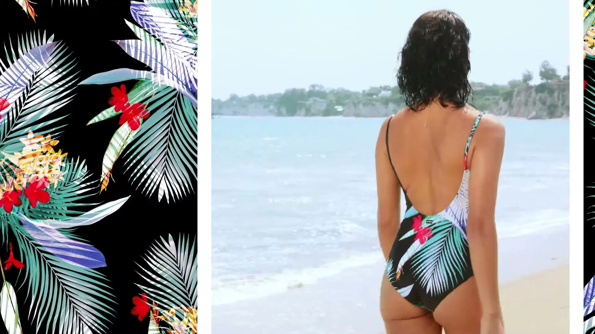 A woman with dark hair in a tropical print swimsuit walks away from the camera on a sandy beach towards the ocean on a sunny day.