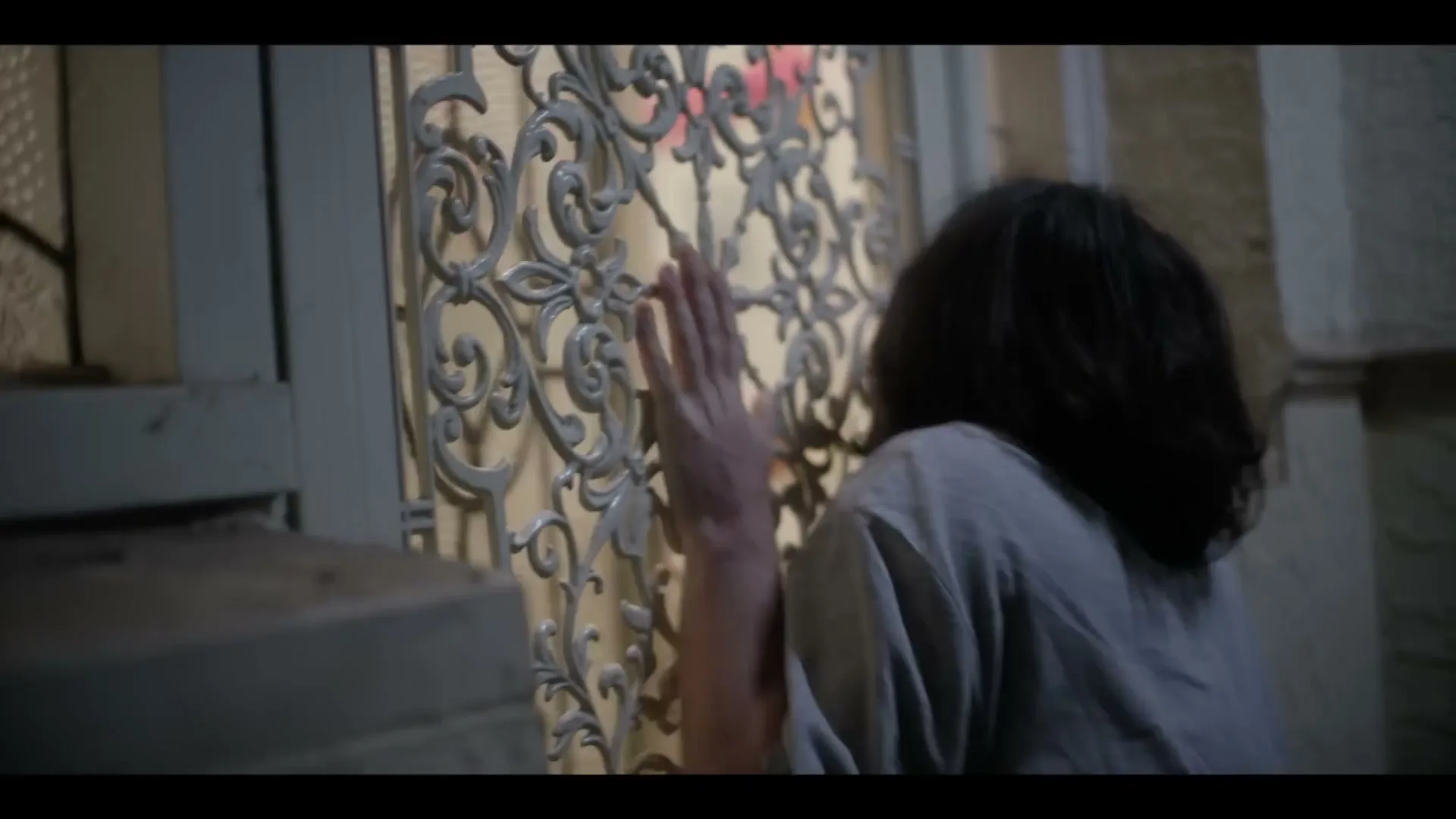 A person with dark hair and a grey t-shirt presses their hand against an ornate metal gate, looking into a brightly lit interior at night.