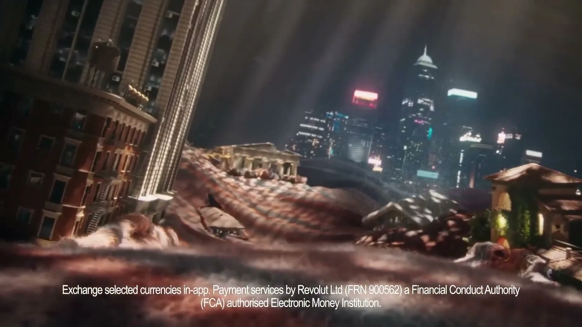 A wide shot of a surreal landscape with buildings from different eras and cities, including a modern skyscraper and ancient ruins, under a dark sky with light rays.
