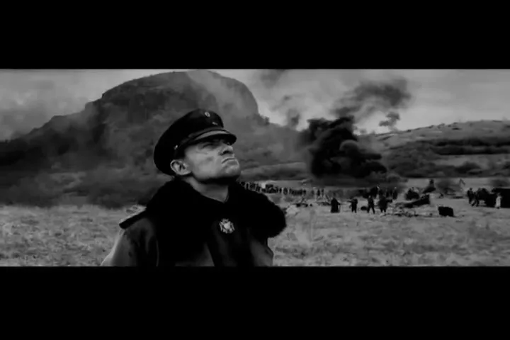 A male pilot in a military uniform looks up at the sky, with smoke rising from a distant battle in a field.