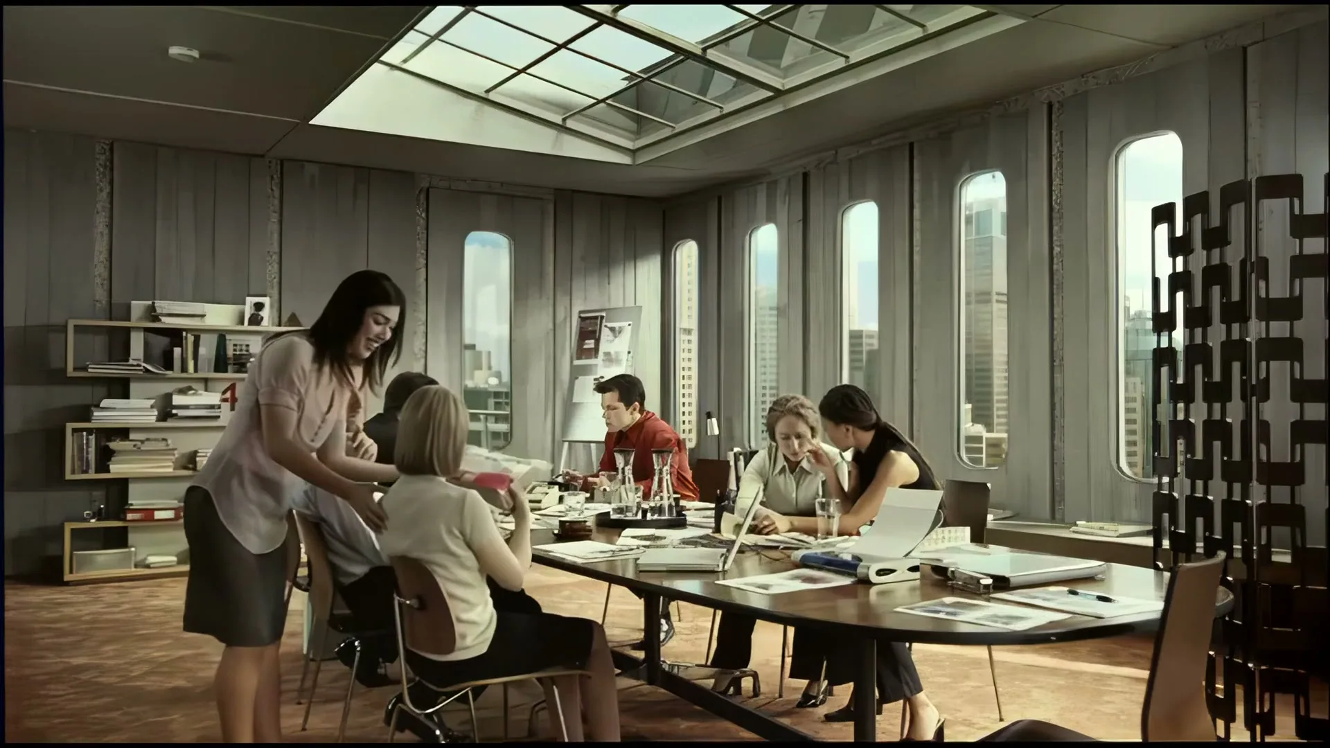 A woman in a light pink top and dark skirt serves coffee to colleagues at a long conference table in a modern office with city views.