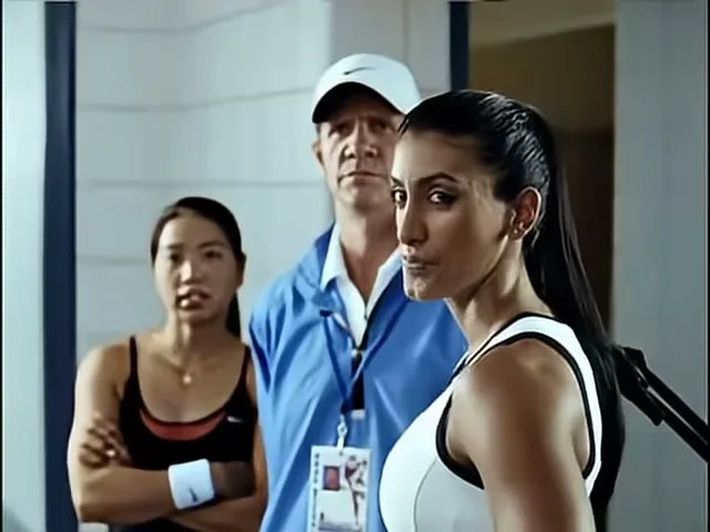 A female tennis player in a white sports bra looks to the right, while a male coach and another female player watch her in an indoor sports facility.