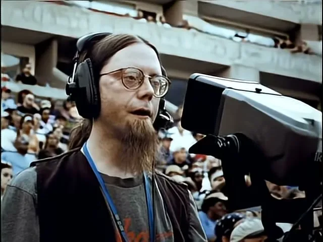 A male cameraman with a goatee and headphones operates a camera at a sporting event, with a crowd visible in the background.