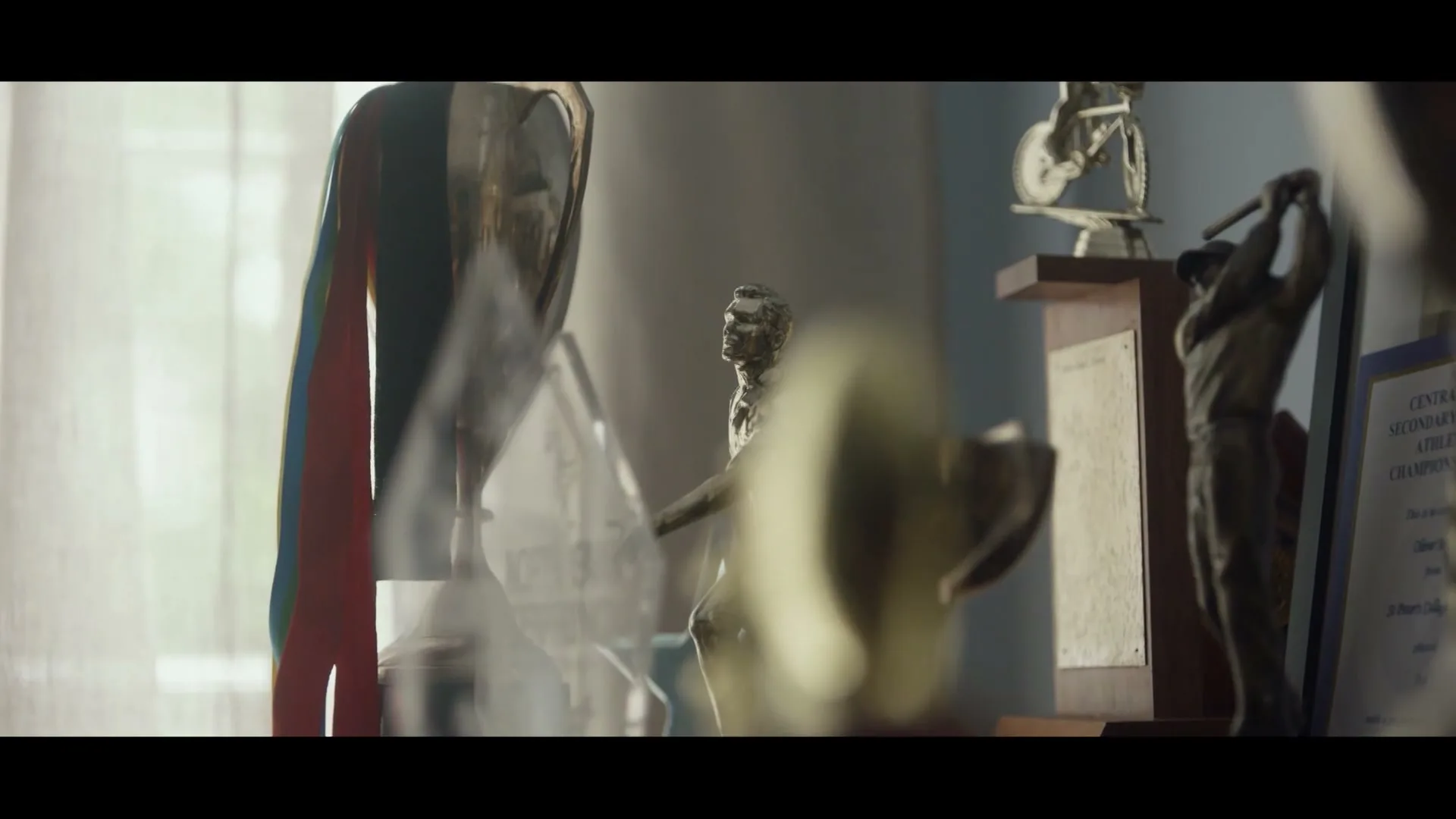 A collection of sports trophies and awards are displayed on a shelf, with soft natural light coming through a window in the background.