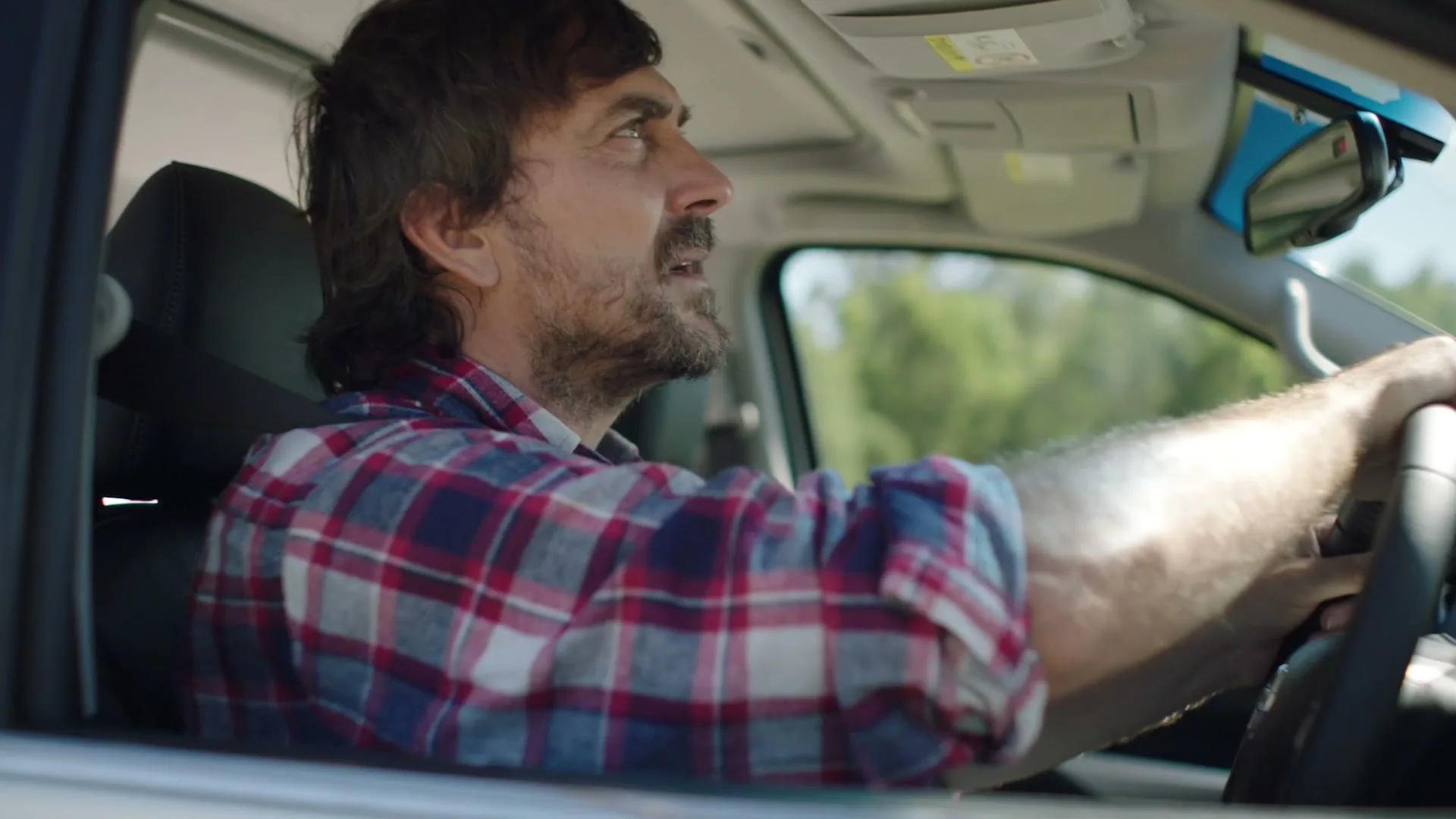 A man with a beard and plaid shirt drives a car, looking concerned as he swerves to avoid something on a sunny day.