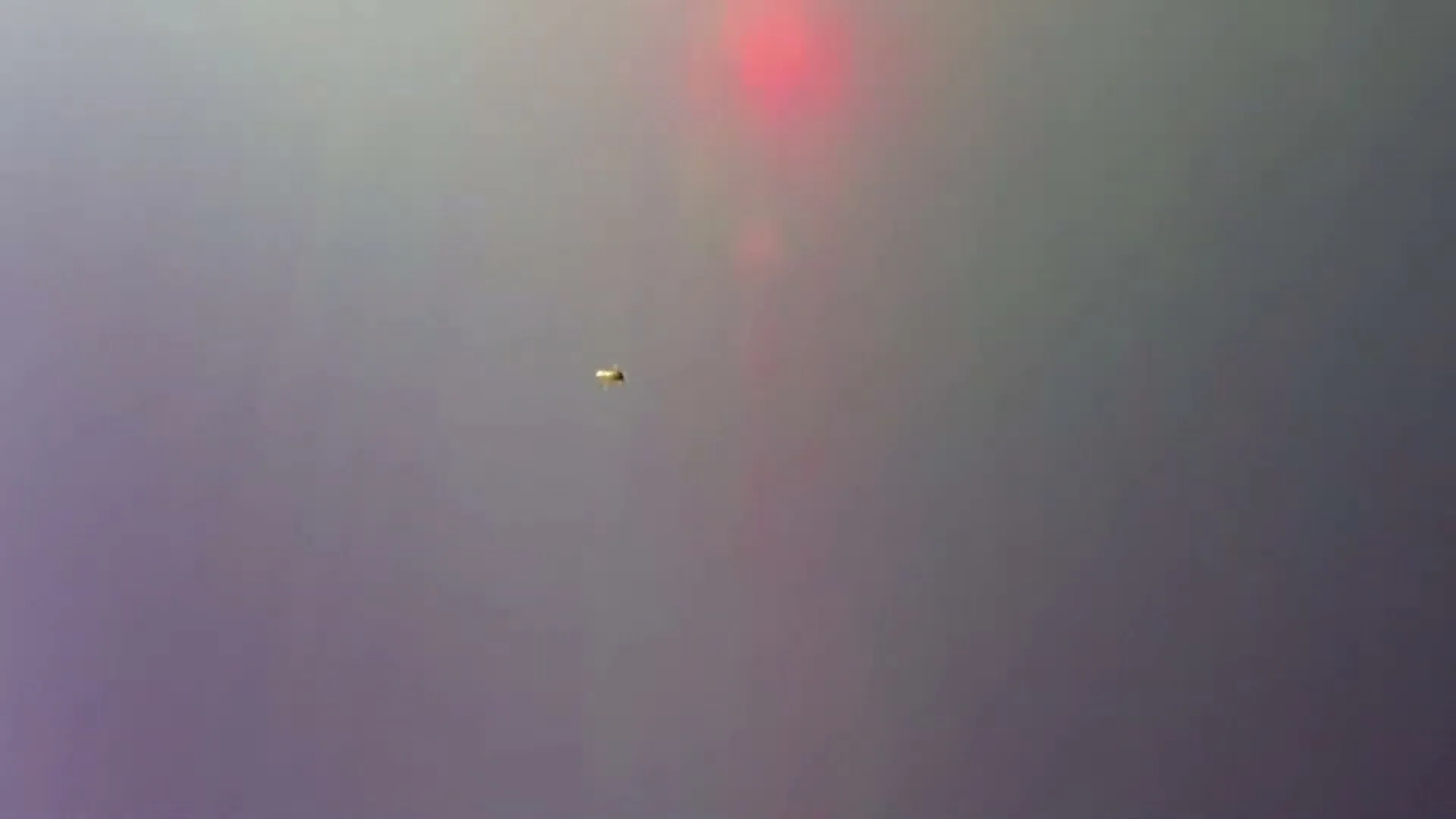 A small, golden object, possibly a button or bead, floats in the center of a blurry, light purple and gray background.