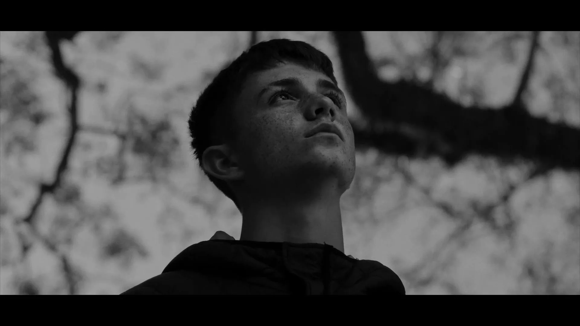 A young man with freckles looks up with a thoughtful expression, framed against a blurred background of trees and sky in black and white.