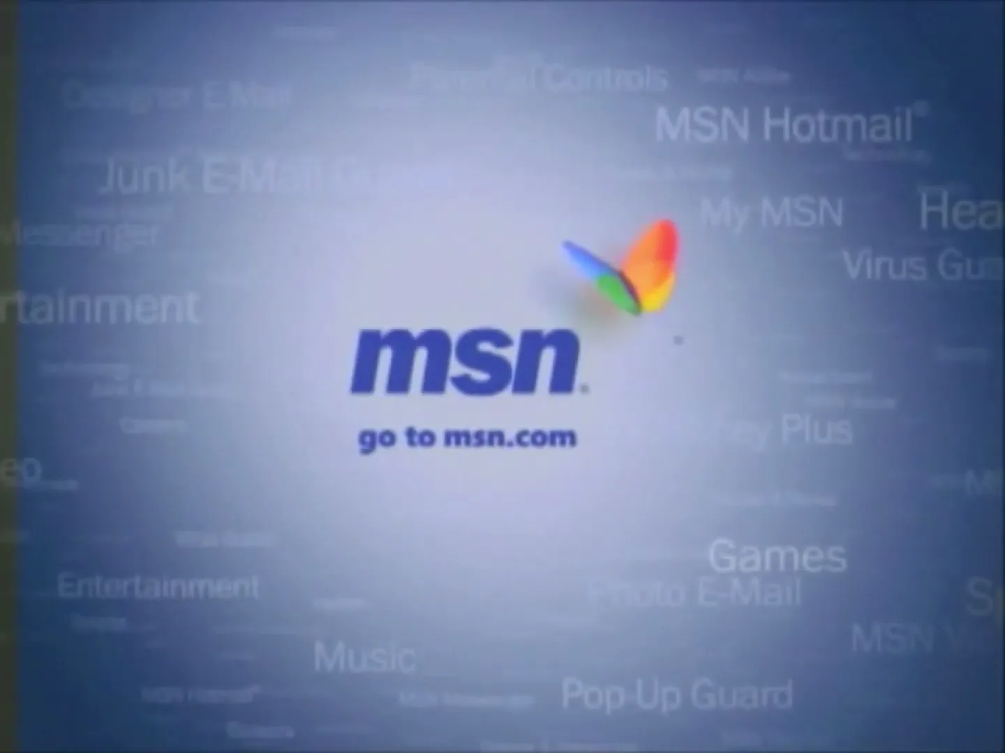 The MSN logo and butterfly icon are centered on a light blue background with various MSN service names fading in and out.